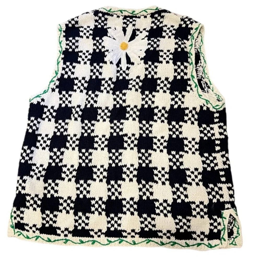 Navy & White Daisy Knit Vest with Yellow Accents - Picture 2 of 10